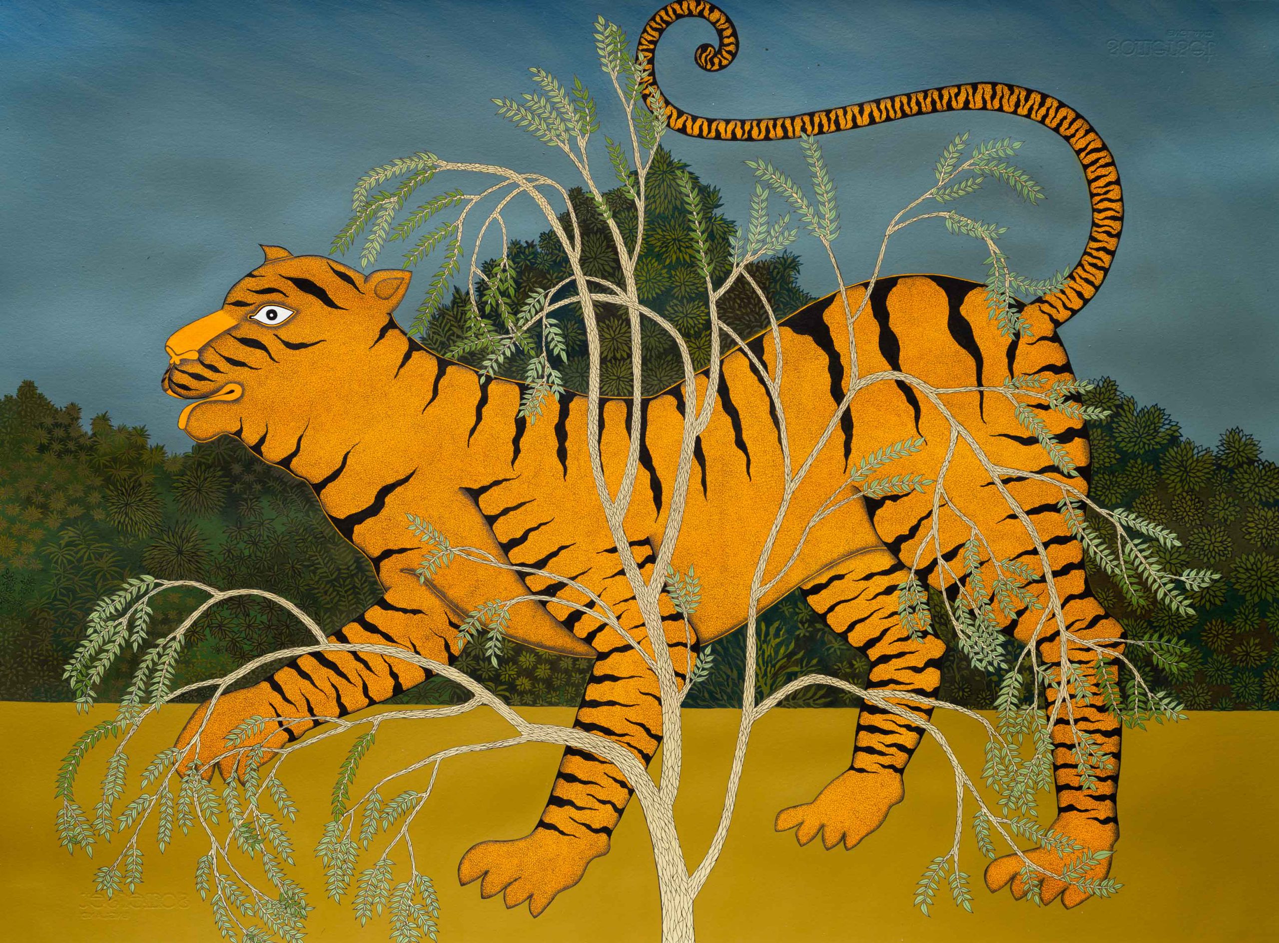 Tiger Acrylic and pen on paper 56 x 76cm, In private collection
